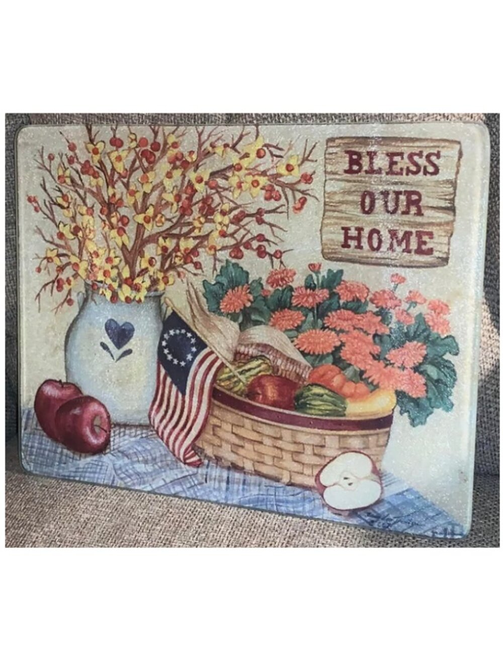 Vintage "Bless Our Home" Tempered Glass Counter Saver Cutting Board (11.5 x 15")
